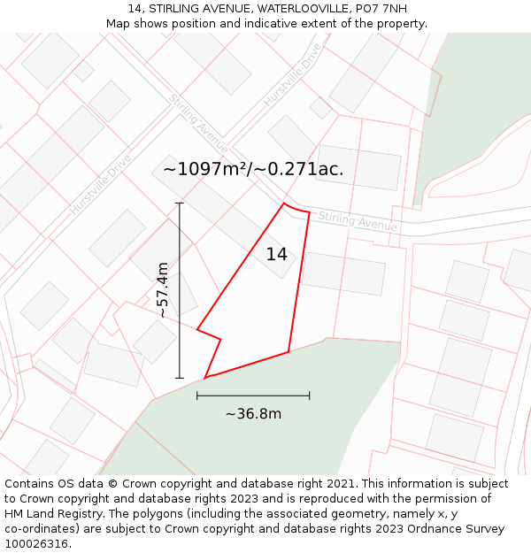 14, STIRLING AVENUE, WATERLOOVILLE, PO7 7NH: Plot and title map