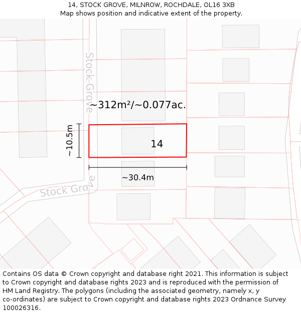 14, STOCK GROVE, MILNROW, ROCHDALE, OL16 3XB: Plot and title map