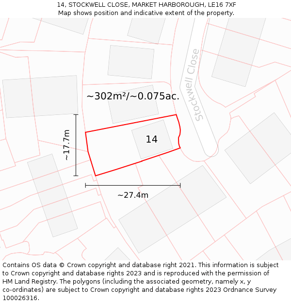 14, STOCKWELL CLOSE, MARKET HARBOROUGH, LE16 7XF: Plot and title map