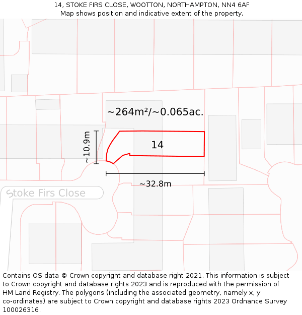 14, STOKE FIRS CLOSE, WOOTTON, NORTHAMPTON, NN4 6AF: Plot and title map