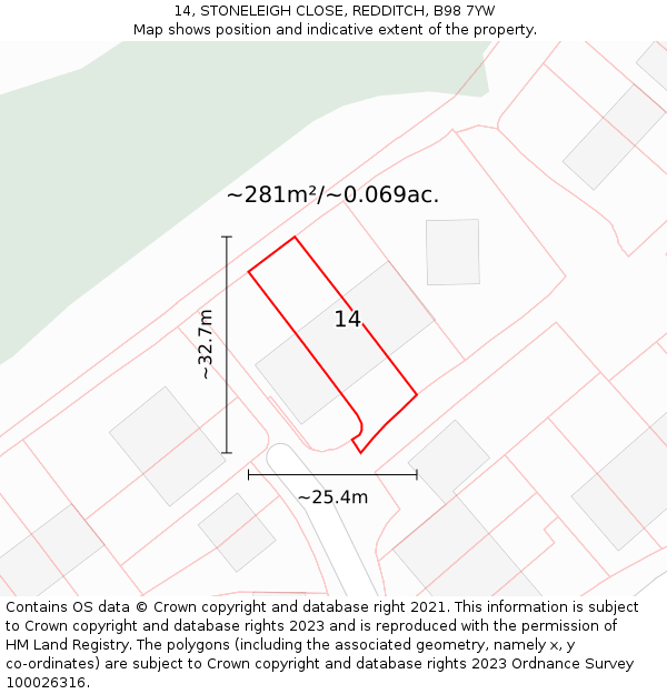 14, STONELEIGH CLOSE, REDDITCH, B98 7YW: Plot and title map