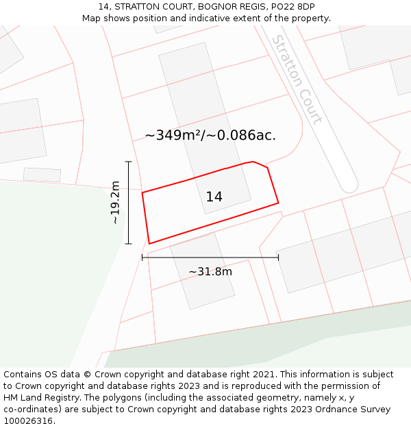 14, STRATTON COURT, BOGNOR REGIS, PO22 8DP: Plot and title map