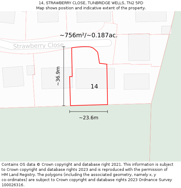14, STRAWBERRY CLOSE, TUNBRIDGE WELLS, TN2 5PD: Plot and title map