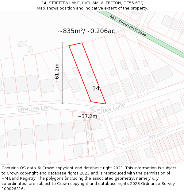 14, STRETTEA LANE, HIGHAM, ALFRETON, DE55 6BQ: Plot and title map