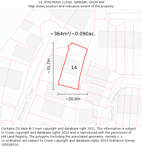 14, STROYKINS CLOSE, GRIMSBY, DN34 4NF: Plot and title map