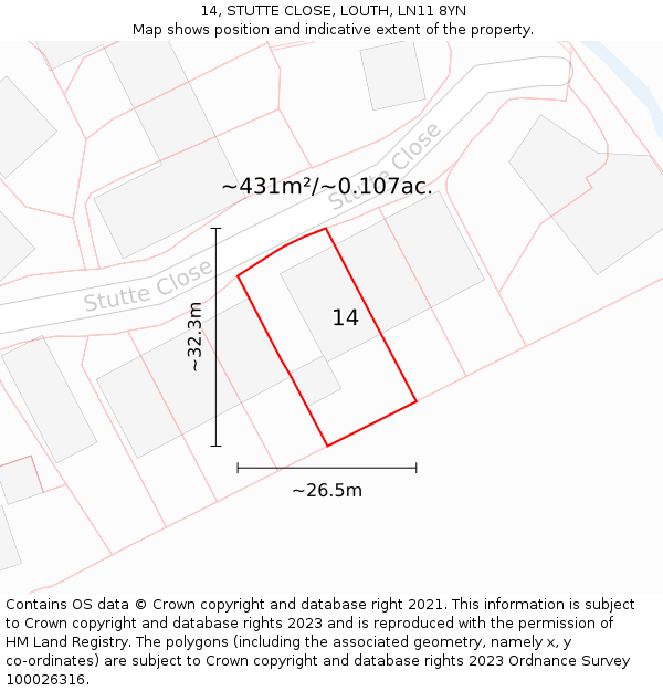 14, STUTTE CLOSE, LOUTH, LN11 8YN: Plot and title map