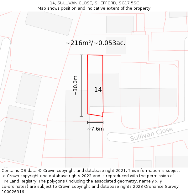 14, SULLIVAN CLOSE, SHEFFORD, SG17 5SG: Plot and title map