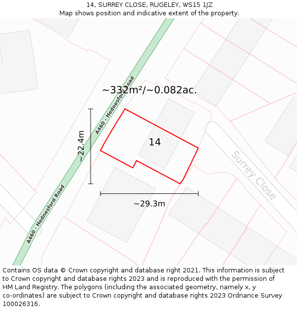 14, SURREY CLOSE, RUGELEY, WS15 1JZ: Plot and title map