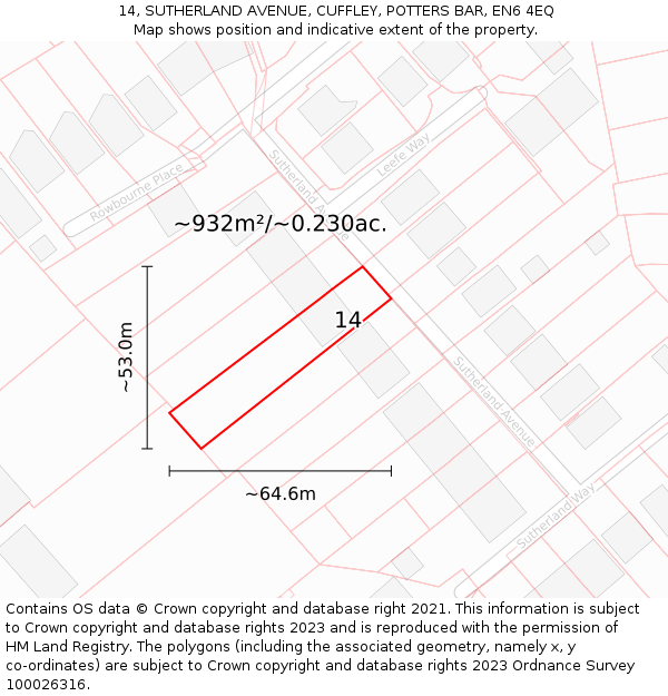 14, SUTHERLAND AVENUE, CUFFLEY, POTTERS BAR, EN6 4EQ: Plot and title map