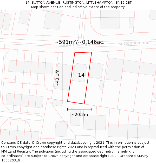 14, SUTTON AVENUE, RUSTINGTON, LITTLEHAMPTON, BN16 2ET: Plot and title map