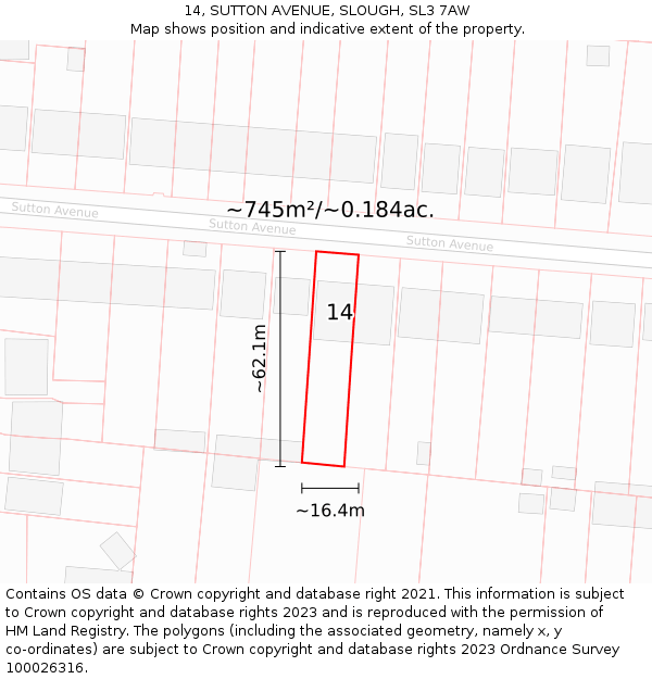 14, SUTTON AVENUE, SLOUGH, SL3 7AW: Plot and title map