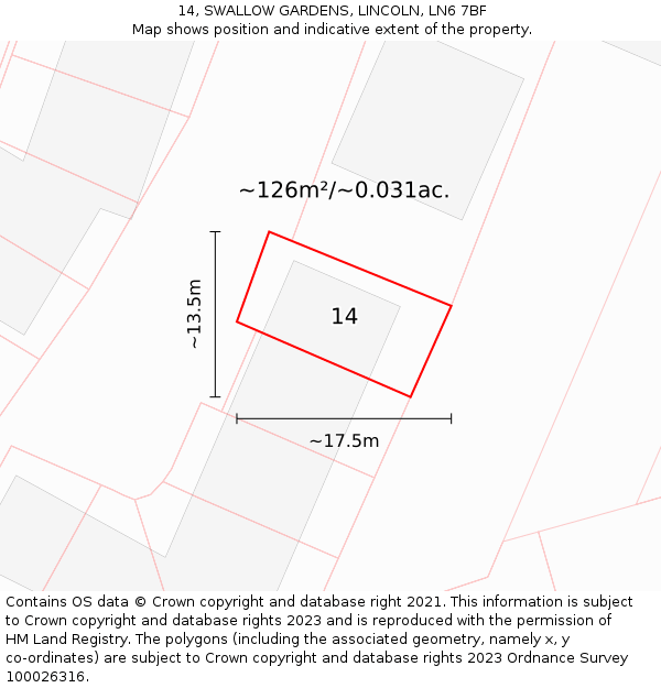 14, SWALLOW GARDENS, LINCOLN, LN6 7BF: Plot and title map