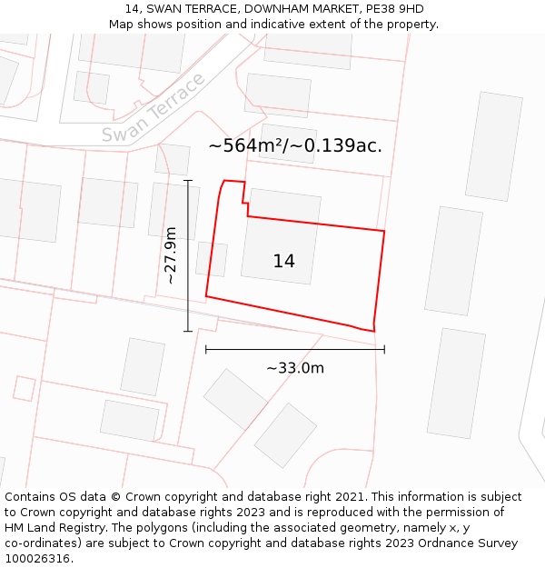 14, SWAN TERRACE, DOWNHAM MARKET, PE38 9HD: Plot and title map