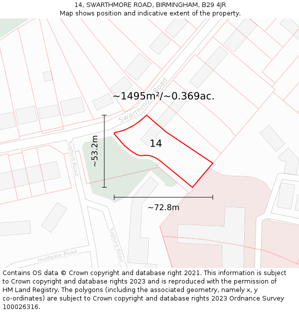 14, SWARTHMORE ROAD, BIRMINGHAM, B29 4JR: Plot and title map