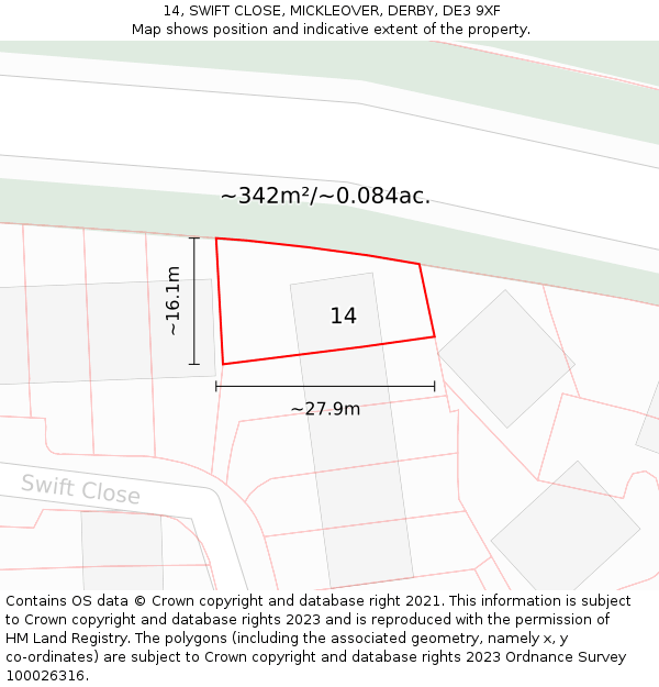 14, SWIFT CLOSE, MICKLEOVER, DERBY, DE3 9XF: Plot and title map