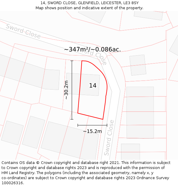 14, SWORD CLOSE, GLENFIELD, LEICESTER, LE3 8SY: Plot and title map