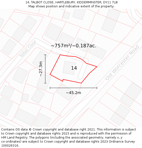 14, TALBOT CLOSE, HARTLEBURY, KIDDERMINSTER, DY11 7LB: Plot and title map