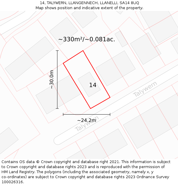 14, TALYWERN, LLANGENNECH, LLANELLI, SA14 8UQ: Plot and title map