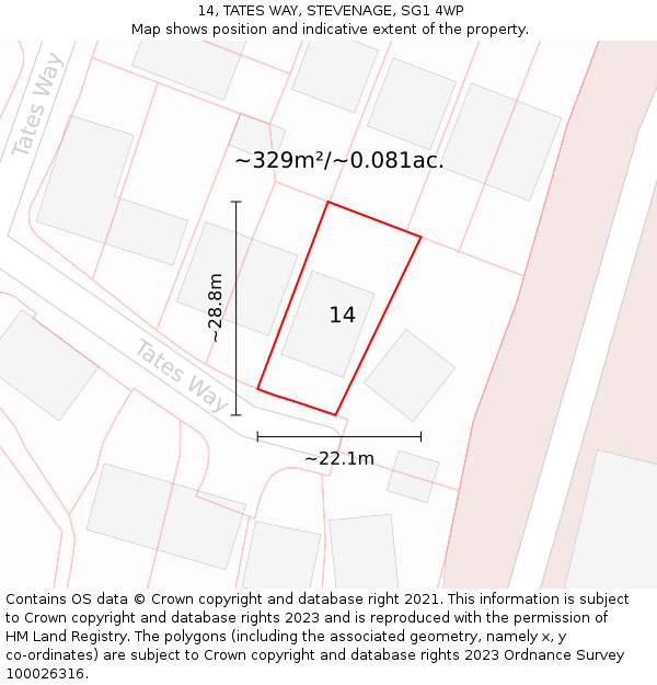 14, TATES WAY, STEVENAGE, SG1 4WP: Plot and title map