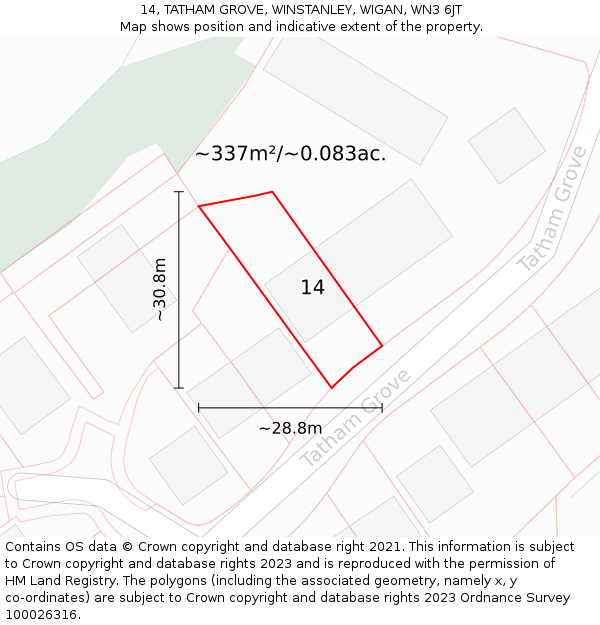 14, TATHAM GROVE, WINSTANLEY, WIGAN, WN3 6JT: Plot and title map