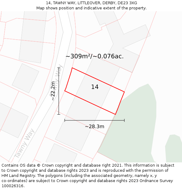 14, TAWNY WAY, LITTLEOVER, DERBY, DE23 3XG: Plot and title map