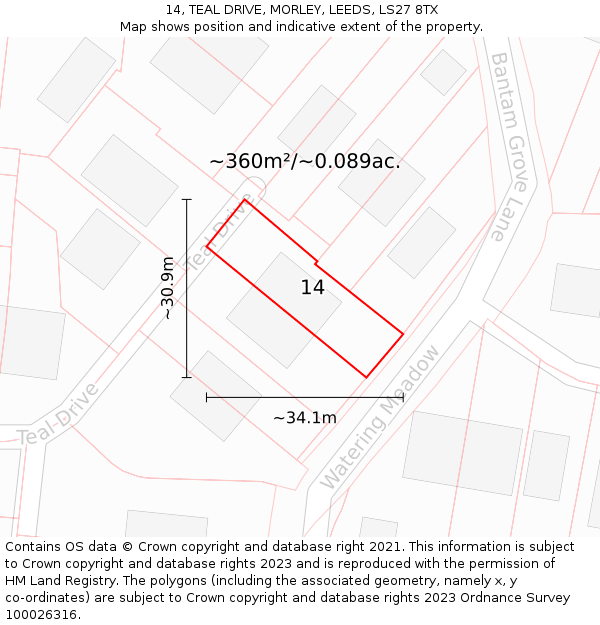 14, TEAL DRIVE, MORLEY, LEEDS, LS27 8TX: Plot and title map