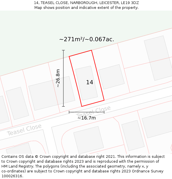 14, TEASEL CLOSE, NARBOROUGH, LEICESTER, LE19 3DZ: Plot and title map
