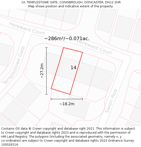 14, TEMPLESTOWE GATE, CONISBROUGH, DONCASTER, DN12 2HR: Plot and title map