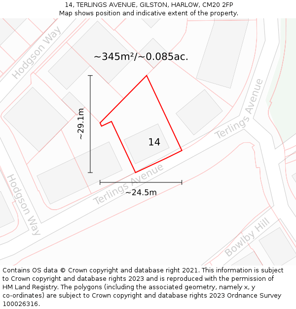 14, TERLINGS AVENUE, GILSTON, HARLOW, CM20 2FP: Plot and title map