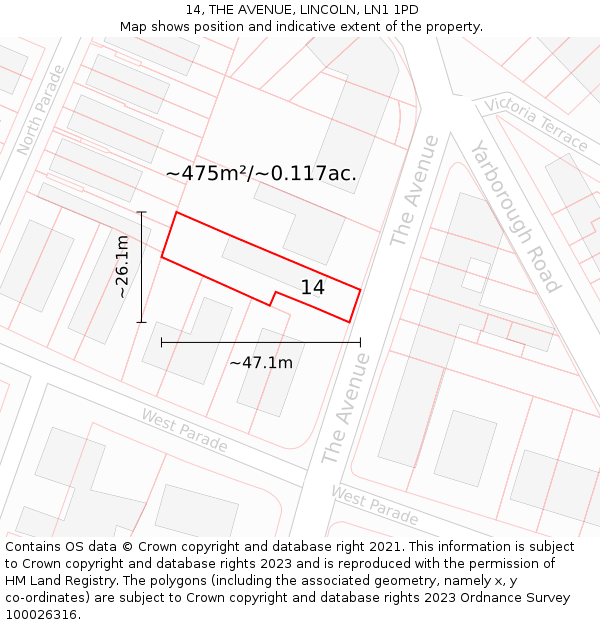 14, THE AVENUE, LINCOLN, LN1 1PD: Plot and title map