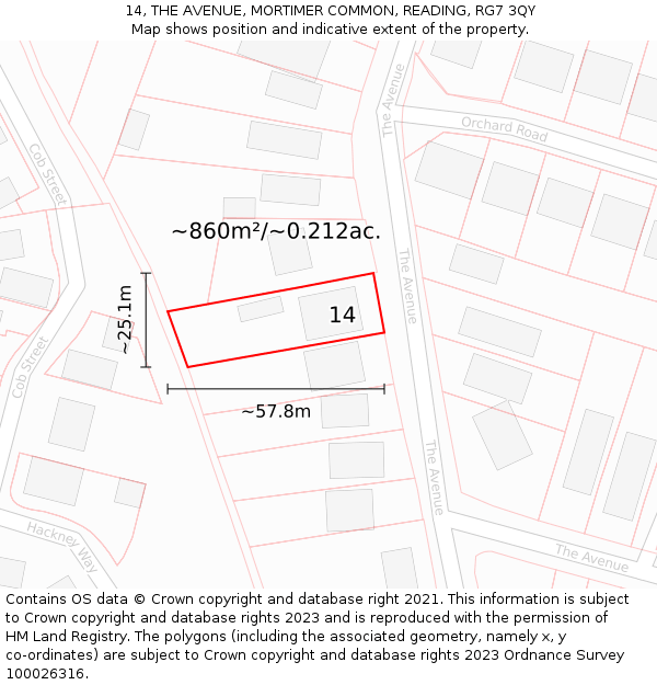 14, THE AVENUE, MORTIMER COMMON, READING, RG7 3QY: Plot and title map