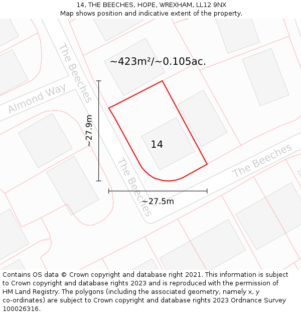 14, THE BEECHES, HOPE, WREXHAM, LL12 9NX: Plot and title map