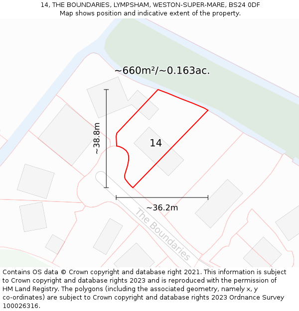 14, THE BOUNDARIES, LYMPSHAM, WESTON-SUPER-MARE, BS24 0DF: Plot and title map