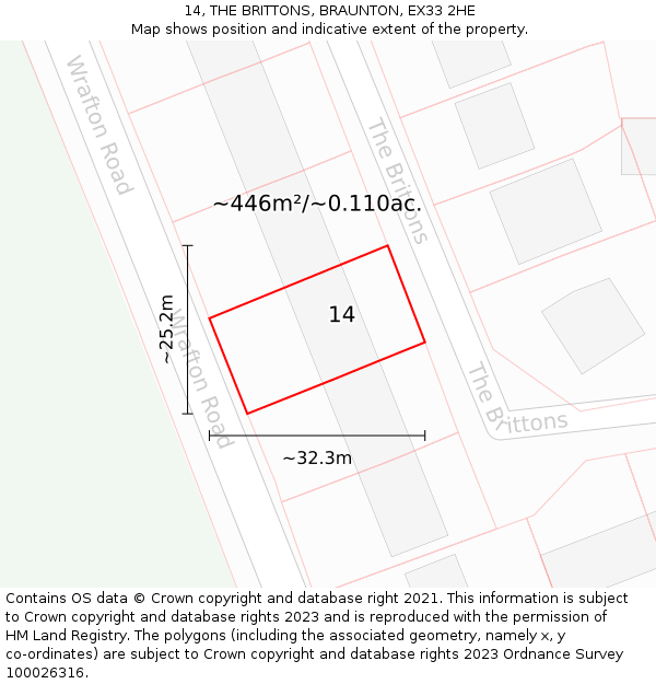 14, THE BRITTONS, BRAUNTON, EX33 2HE: Plot and title map