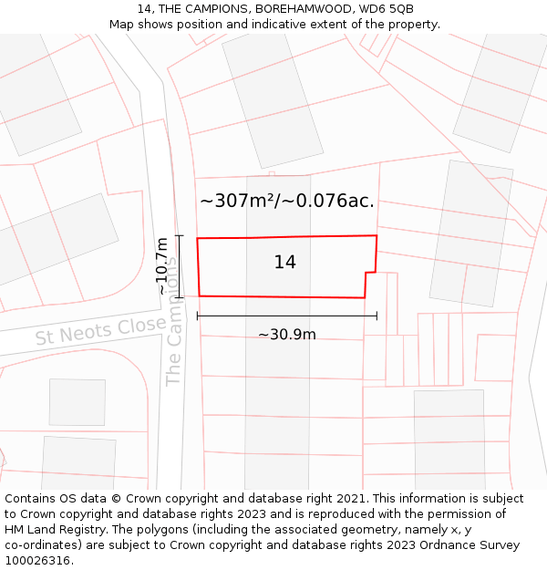 14, THE CAMPIONS, BOREHAMWOOD, WD6 5QB: Plot and title map