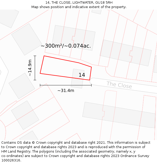 14, THE CLOSE, LIGHTWATER, GU18 5RH: Plot and title map