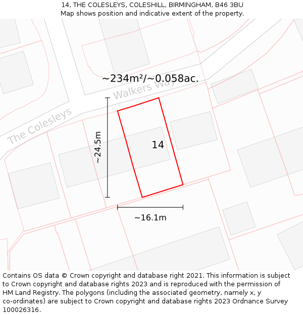14, THE COLESLEYS, COLESHILL, BIRMINGHAM, B46 3BU: Plot and title map