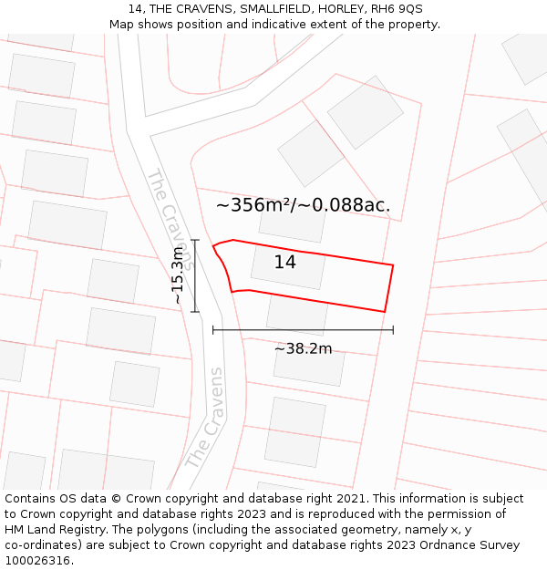 14, THE CRAVENS, SMALLFIELD, HORLEY, RH6 9QS: Plot and title map