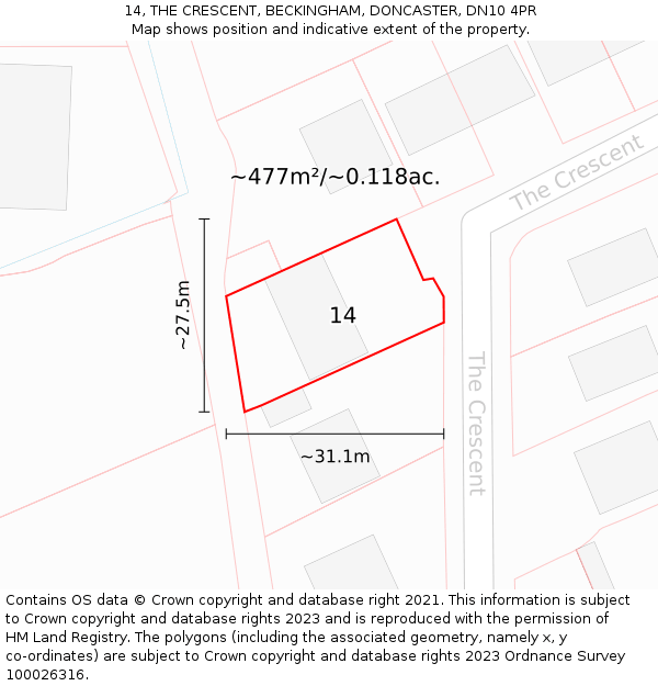 14, THE CRESCENT, BECKINGHAM, DONCASTER, DN10 4PR: Plot and title map