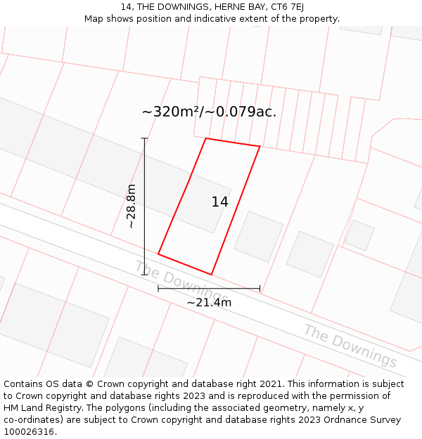 14, THE DOWNINGS, HERNE BAY, CT6 7EJ: Plot and title map