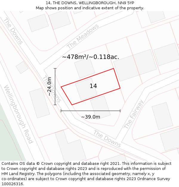 14, THE DOWNS, WELLINGBOROUGH, NN9 5YP: Plot and title map