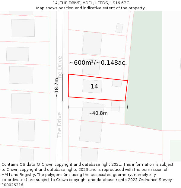 14, THE DRIVE, ADEL, LEEDS, LS16 6BG: Plot and title map