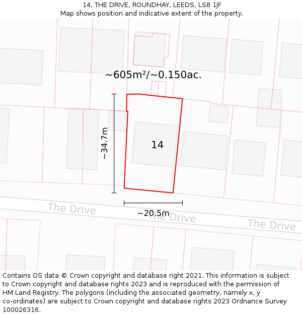 14, THE DRIVE, ROUNDHAY, LEEDS, LS8 1JF: Plot and title map