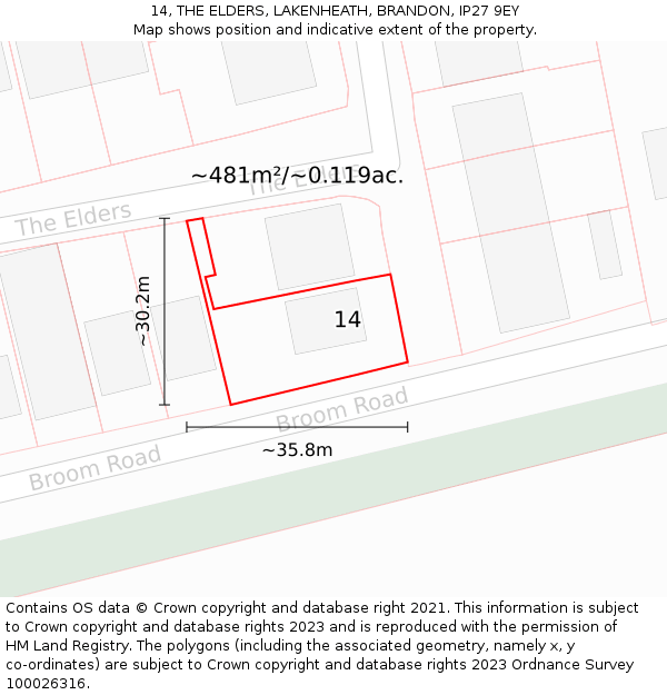 14, THE ELDERS, LAKENHEATH, BRANDON, IP27 9EY: Plot and title map