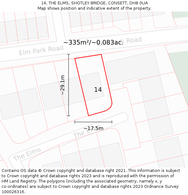 14, THE ELMS, SHOTLEY BRIDGE, CONSETT, DH8 0UA: Plot and title map