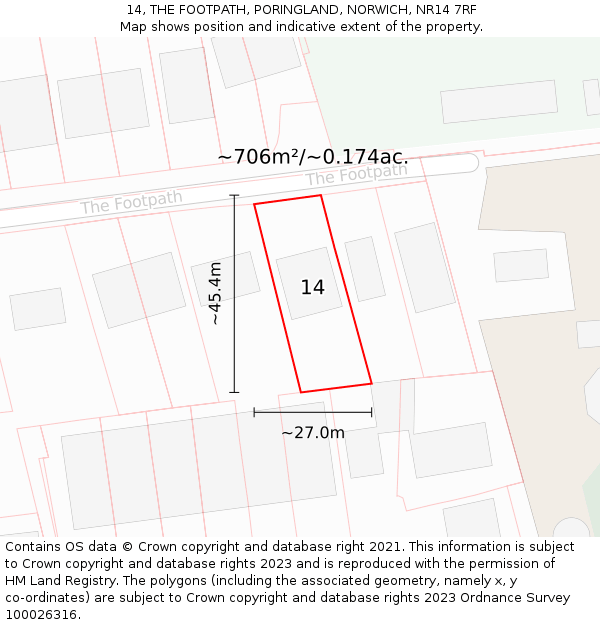 14, THE FOOTPATH, PORINGLAND, NORWICH, NR14 7RF: Plot and title map