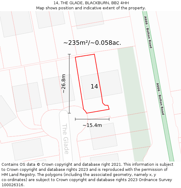 14, THE GLADE, BLACKBURN, BB2 4HH: Plot and title map