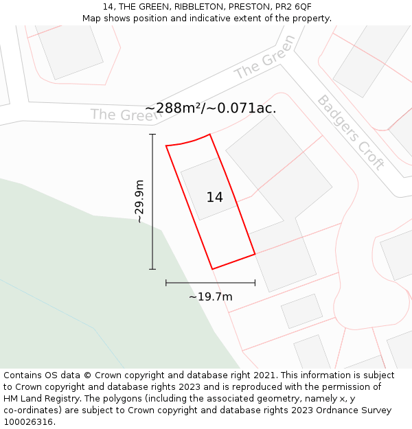 14, THE GREEN, RIBBLETON, PRESTON, PR2 6QF: Plot and title map