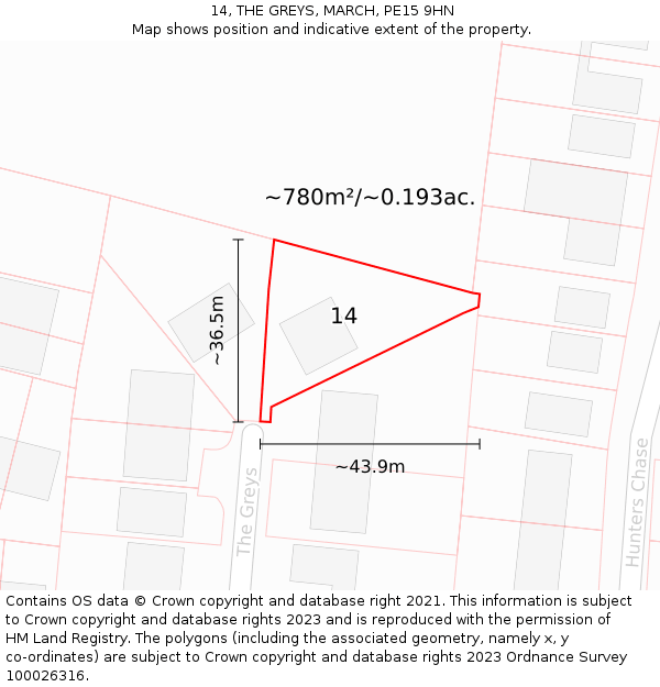 14, THE GREYS, MARCH, PE15 9HN: Plot and title map