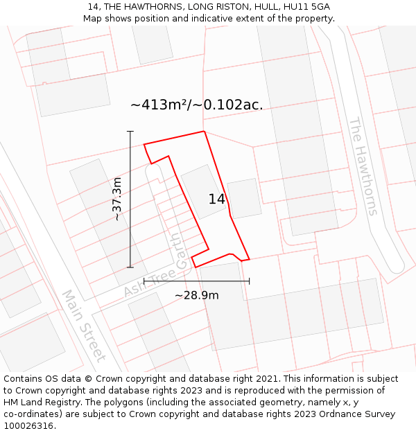 14, THE HAWTHORNS, LONG RISTON, HULL, HU11 5GA: Plot and title map